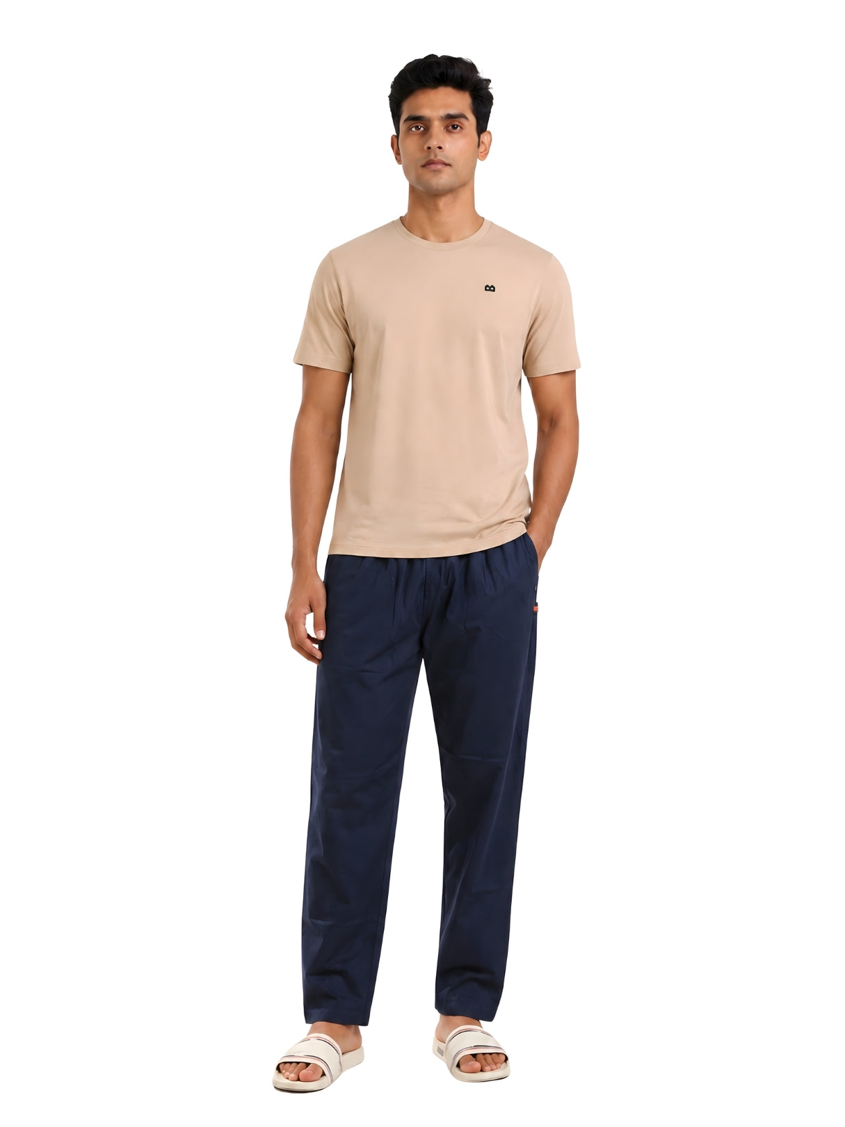 Boxy Crew Men's Night Suit Set - Beige T-Shirt & Navy Blue Solid Lounge Pyjama, 100% Cotton Sleepwear, No-Mark Elastic, Invisible Zip Pocket, Drawcord, Dual Pockets, – product image 8