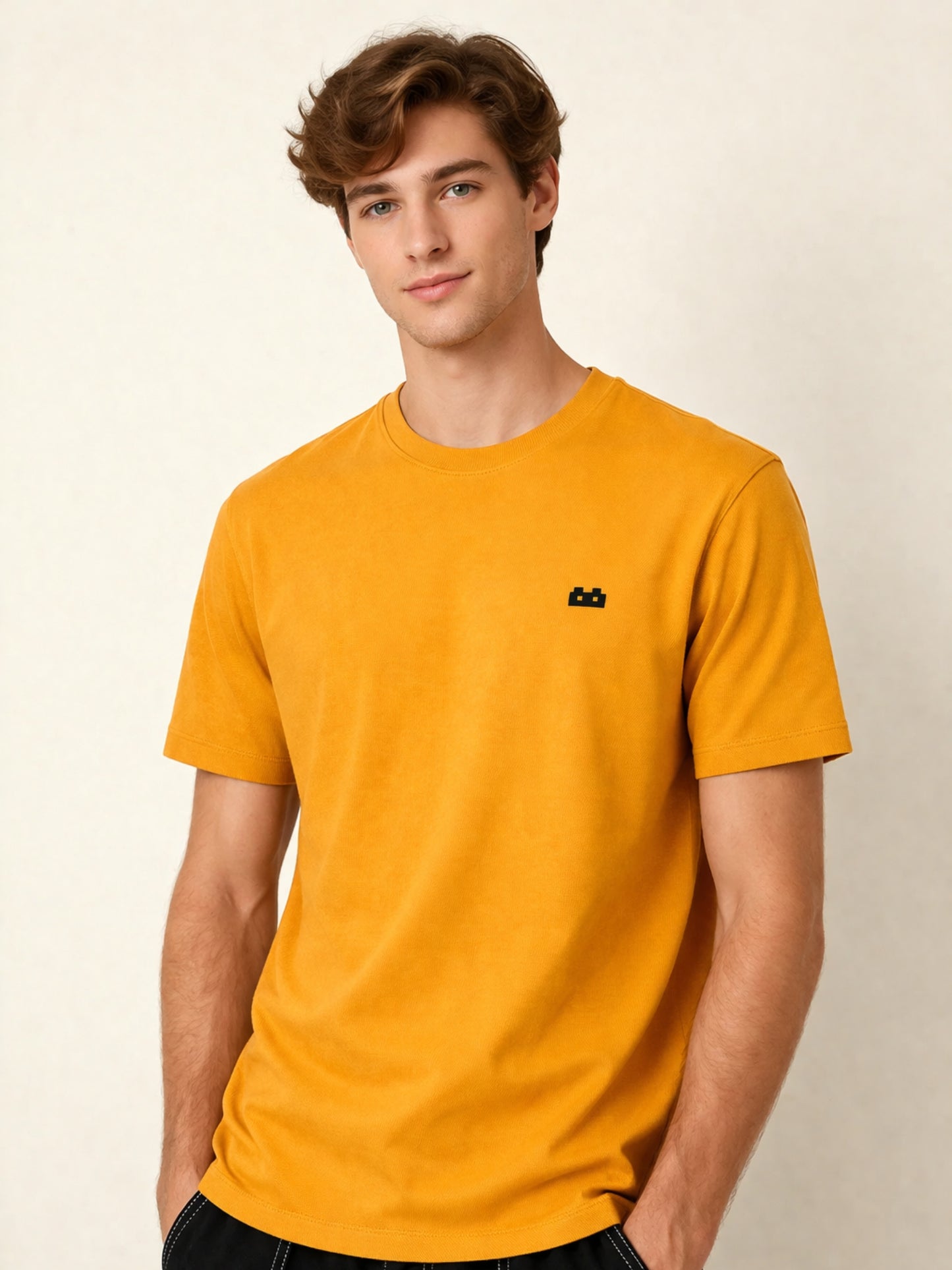 Boxy Crew Men's 100% Cotton Regular Fit Solid Round Neck T-Shirt | Double Bio-Washed | Half Sleeve Casual Plain Tee | 180 GSM Breathable Soft Touch Everyday Wear | Mustard | Made in India – product image 2