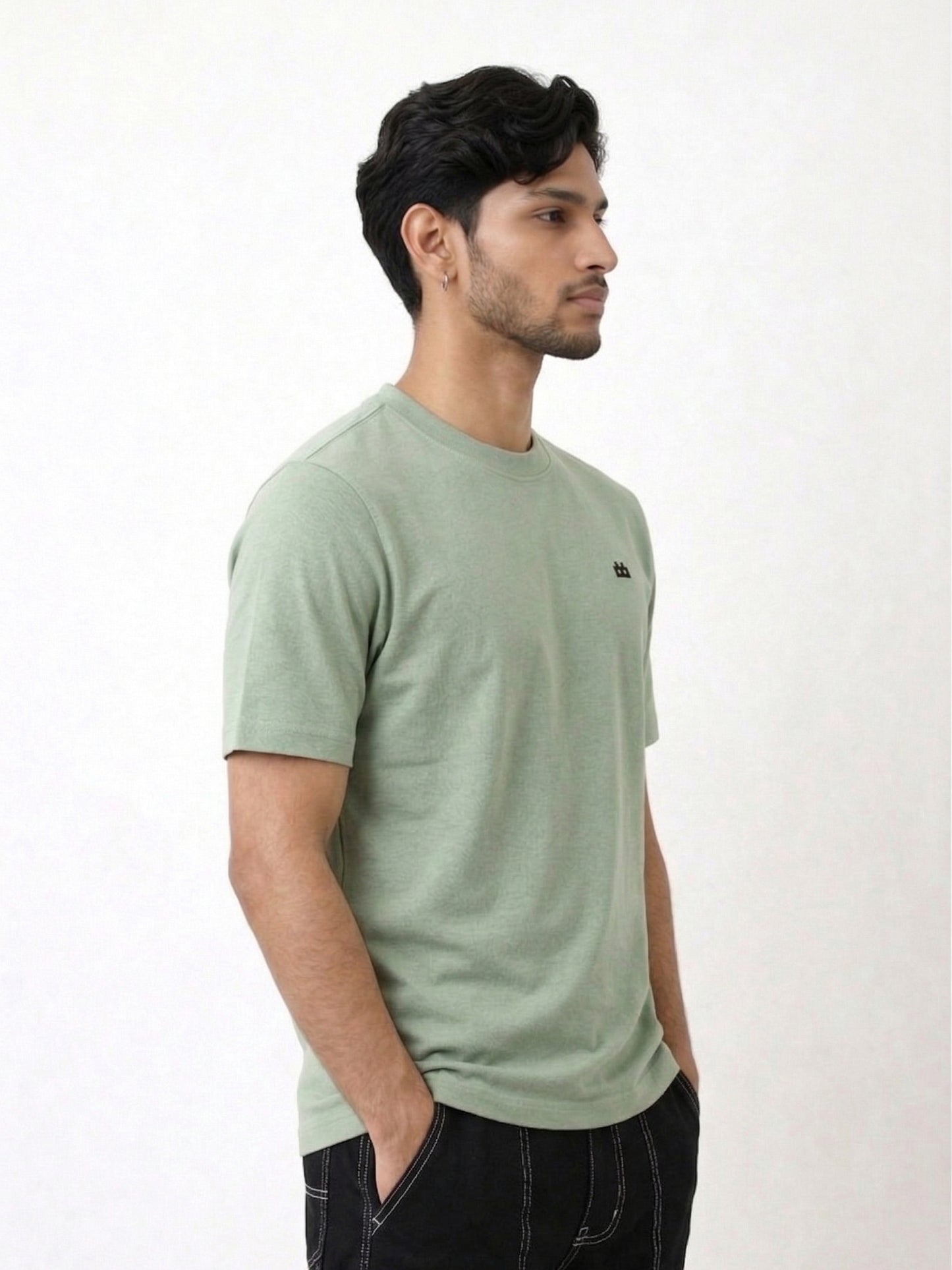 Boxy Crew Men's 100% Cotton Regular Fit Solid Round Neck T-Shirt | Double Bio-Washed | Half Sleeve Casual Plain Tee | 180 GSM Breathable Soft Touch Everyday Wear | Pista Green | Made in India – product image 3