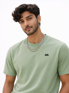 Boxy Crew Men's 100% Cotton Regular Fit Solid Round Neck T-Shirt | Double Bio-Washed | Half Sleeve Casual Plain Tee | 180 GSM Breathable Soft Touch Everyday Wear | Pista Green | Made in India – product image 5