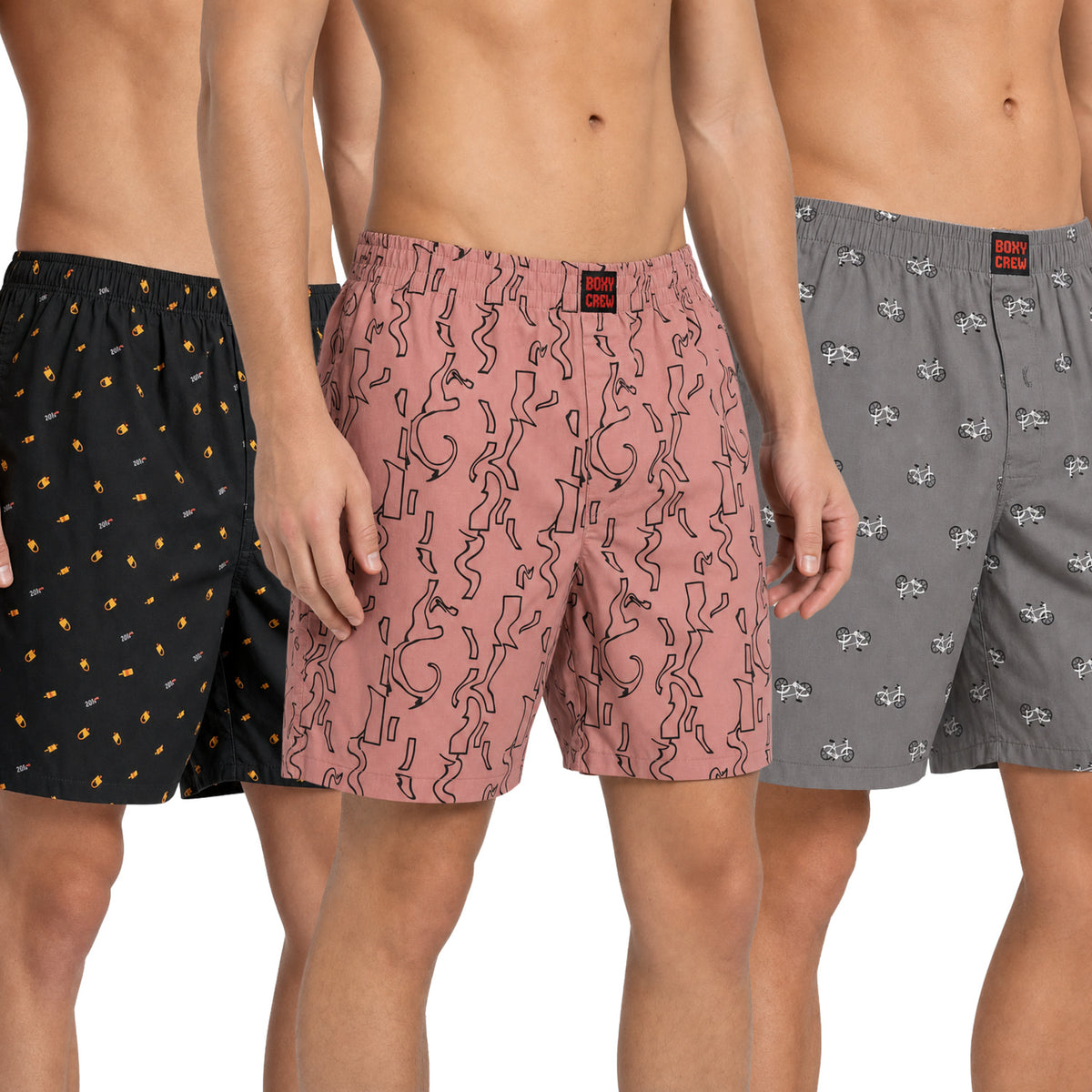 Boxy Crew Men's 100% Cotton Printed Boxer Shorts Pack of 3 with Dual Side Pockets and Fabric-Covered Waistband - Black/Brick/Grey, Styles MBX016, MBX017, MBX022