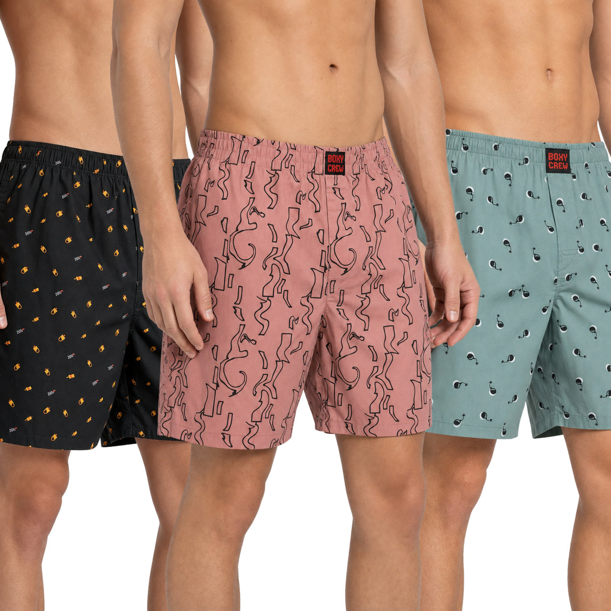Boxy Crew Men's 100% Cotton Printed Boxer Shorts Pack of 3 with Dual Side Pockets and Fabric-Covered Waistband - Black/Brick/Green, Styles MBX016, MBX017, MBX023