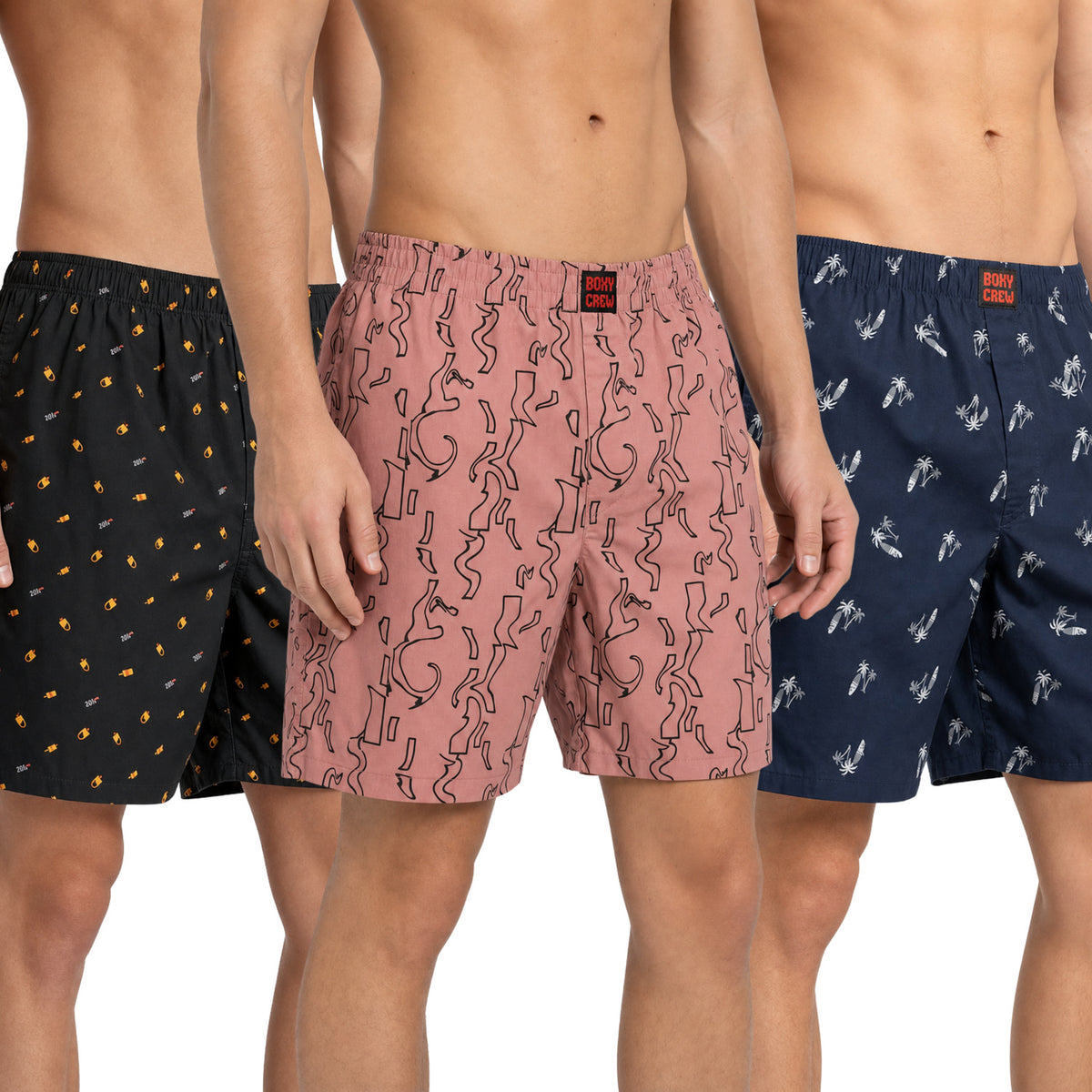 Boxy Crew Men's 100% Cotton Printed Boxer Shorts Pack of 3 with Dual Side Pockets and Fabric-Covered Waistband - Black/Brick/Navy Blue, Styles MBX016, MBX017, MBX025