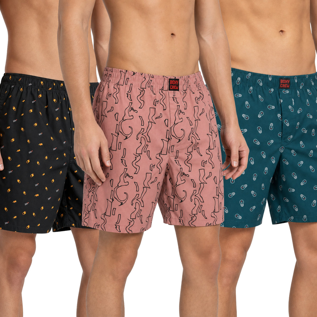 Boxy Crew Men's 100% Cotton Printed Boxer Shorts Pack of 3 with Dual Side Pockets and Fabric-Covered Waistband - Black/Brick/Teal, Styles MBX016, MBX017, MBX027