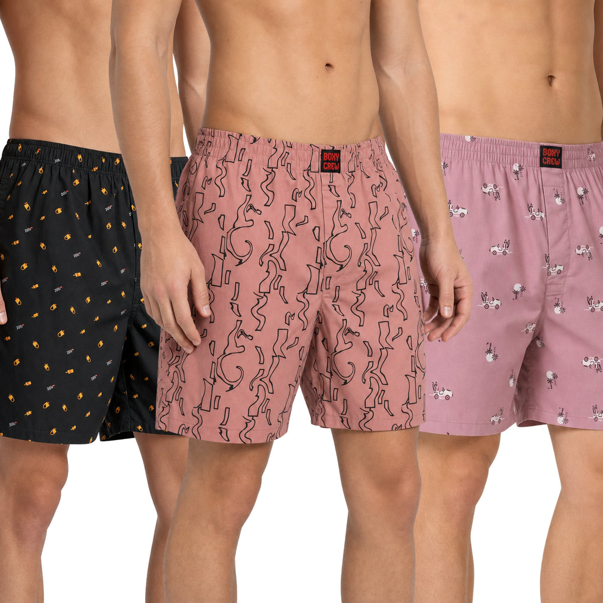 Boxy Crew Men's 100% Cotton Printed Boxer Shorts Pack of 3 with Dual Side Pockets and Fabric-Covered Waistband - Black/Brick/Pink, Styles MBX016, MBX017, MBX028