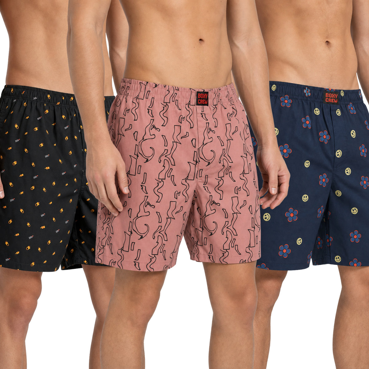 Boxy Crew Men's 100% Cotton Printed Boxer Shorts Pack of 3 with Dual Side Pockets and Fabric-Covered Waistband - Black/Brick/Navy Blue, Styles MBX016, MBX017, MBX029