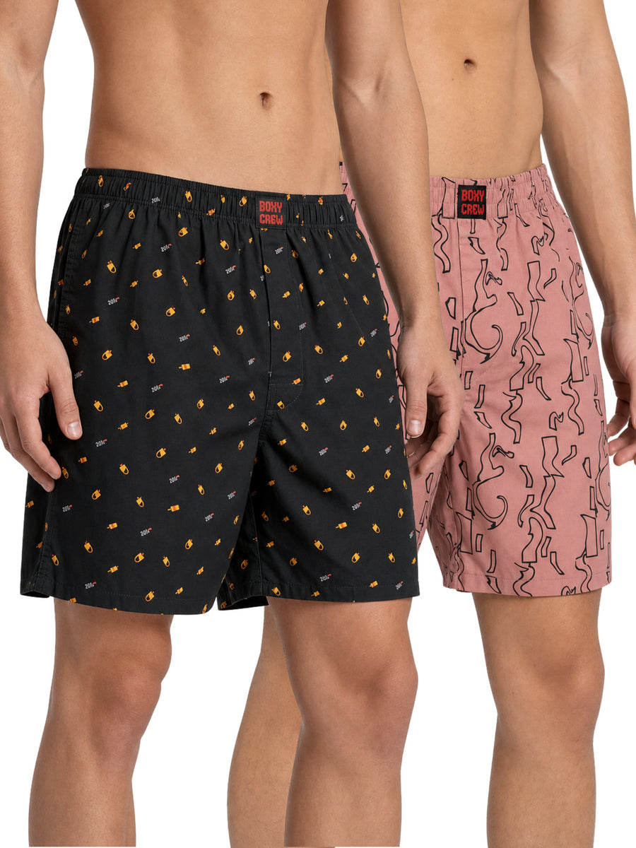 Boxy Crew Men's 100% Cotton Printed Boxer Shorts Pack of 2 with Dual Side Pockets and Fabric-Covered Waistband - Black/Brick, Styles MBX016, MBX017