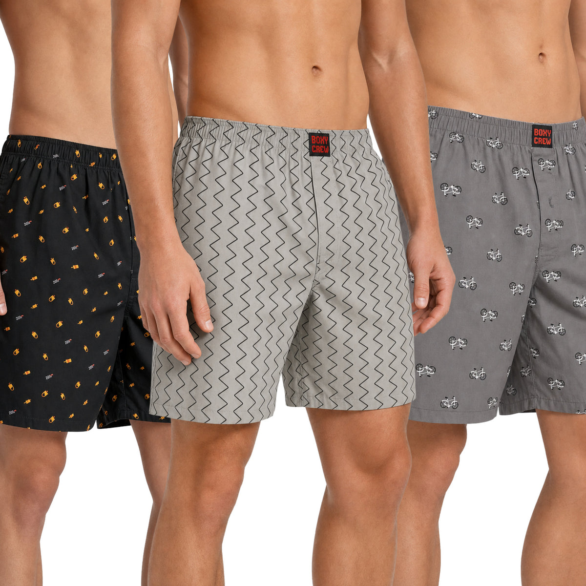 Boxy Crew Men's 100% Cotton Printed Boxer Shorts Pack of 3 with Dual Side Pockets and Fabric-Covered Waistband - Black/Grey/Grey, Styles MBX016, MBX018, MBX022