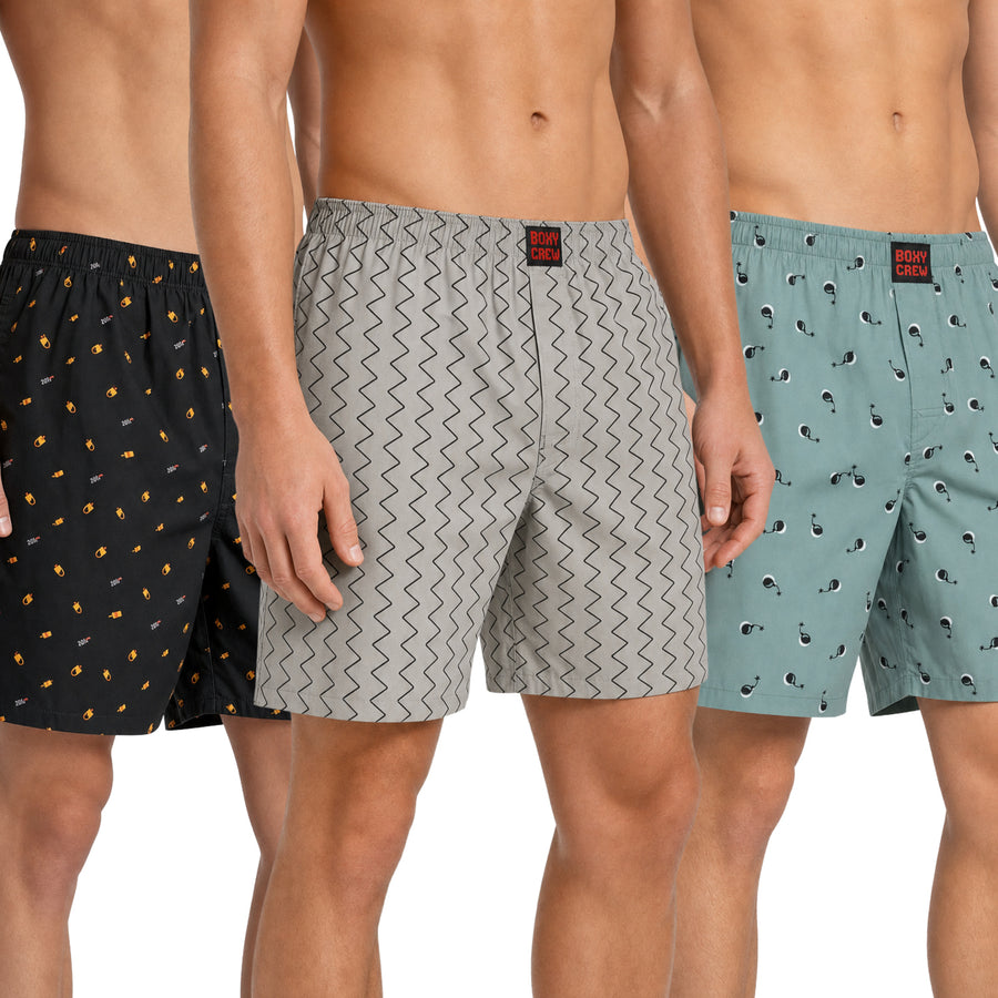 Boxy Crew Men's 100% Cotton Printed Boxer Shorts Pack of 3 with Dual Side Pockets and Fabric-Covered Waistband - Black/Grey/Green, Styles MBX016, MBX018, MBX023