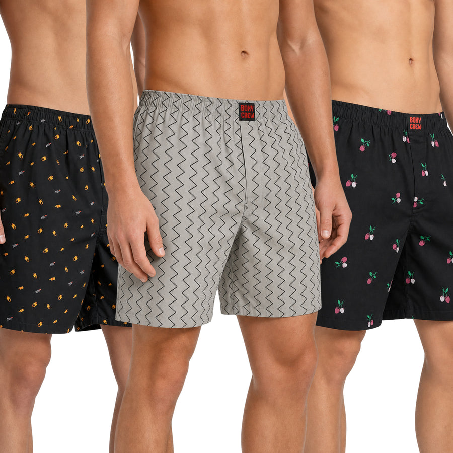Boxy Crew Men's 100% Cotton Printed Boxer Shorts Pack of 3 with Dual Side Pockets and Fabric-Covered Waistband - Black/Grey/Black, Styles MBX016, MBX018, MBX024