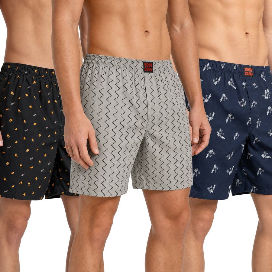Boxy Crew Men's 100% Cotton Printed Boxer Shorts Pack of 3 with Dual Side Pockets and Fabric-Covered Waistband - Black/Grey/Navy Blue, Styles MBX016, MBX018, MBX025