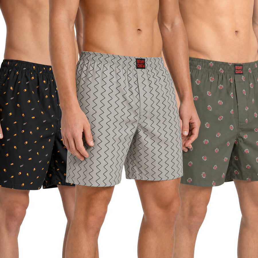 Boxy Crew Men's 100% Cotton Printed Boxer Shorts Pack of 3 with Dual Side Pockets and Fabric-Covered Waistband - Black/Grey/Olive, Styles MBX016, MBX018, MBX026