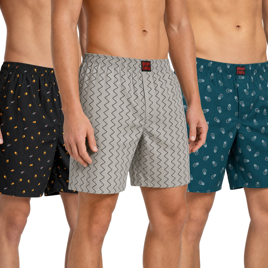 Boxy Crew Men's 100% Cotton Printed Boxer Shorts Pack of 3 with Dual Side Pockets and Fabric-Covered Waistband - Black/Grey/Teal, Styles MBX016, MBX018, MBX027