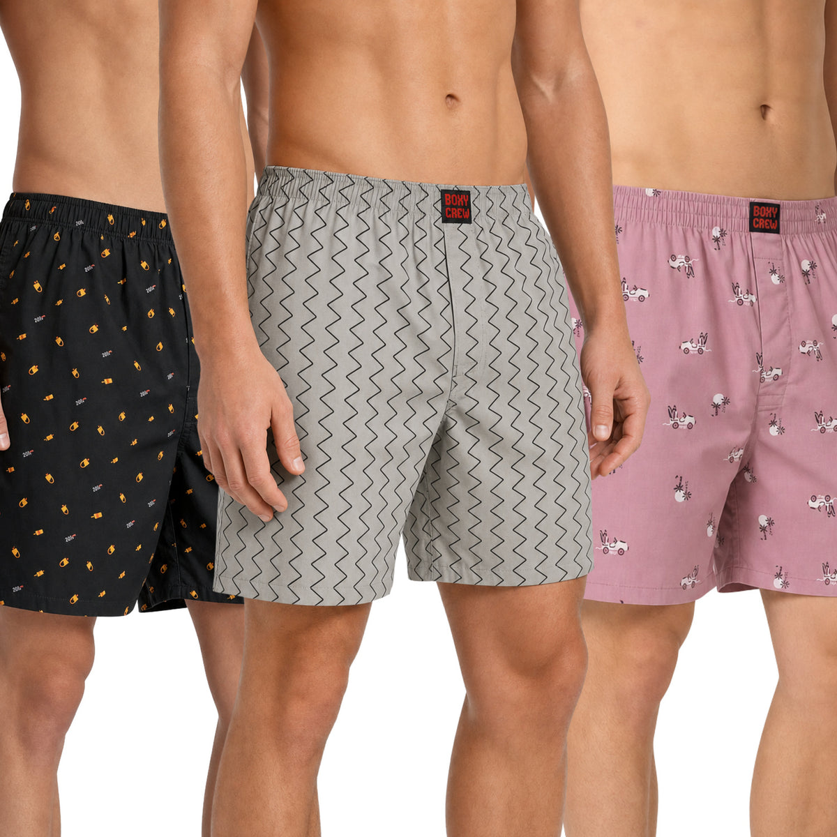 Boxy Crew Men's 100% Cotton Printed Boxer Shorts Pack of 3 with Dual Side Pockets and Fabric-Covered Waistband - Black/Grey/Pink, Styles MBX016, MBX018, MBX028