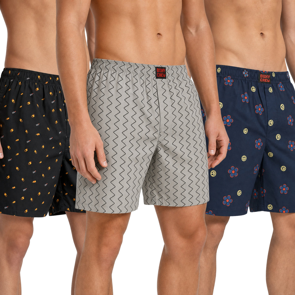 Boxy Crew Men's 100% Cotton Printed Boxer Shorts Pack of 3 with Dual Side Pockets and Fabric-Covered Waistband - Black/Grey/Navy Blue, Styles MBX016, MBX018, MBX029