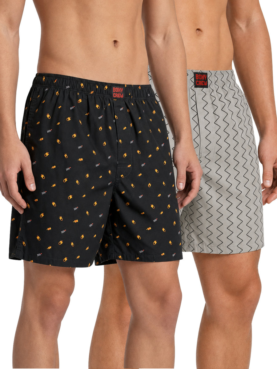Boxy Crew Men's 100% Cotton Printed Boxer Shorts Pack of 2 with Dual Side Pockets and Fabric-Covered Waistband - Black/Grey, Styles MBX016, MBX018