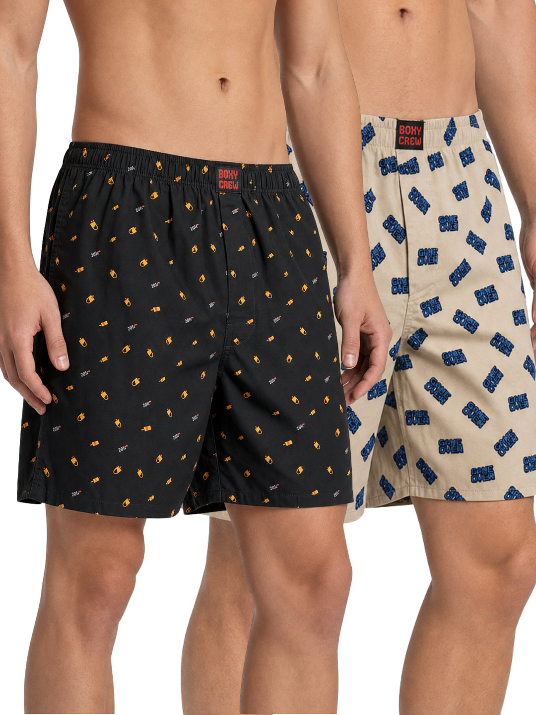 Boxy Crew Men's 100% Cotton Printed Boxer Shorts Pack of 2 with Dual Side Pockets and Fabric-Covered Waistband - Black/Beige, Styles MBX016, MBX019