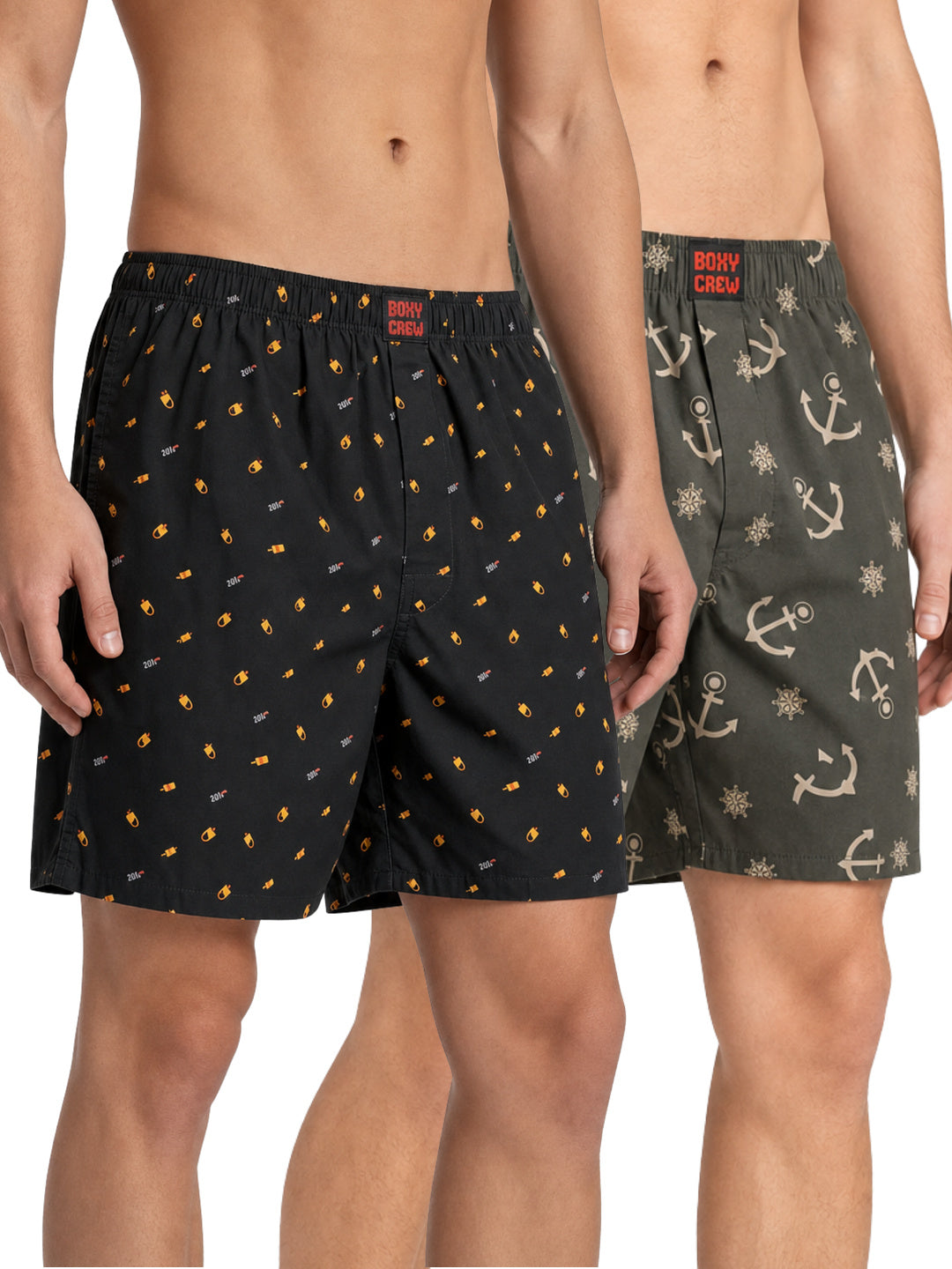 Boxy Crew Men's 100% Cotton Printed Boxer Shorts Pack of 2 with Dual Side Pockets and Fabric-Covered Waistband - Black/Olive, Styles MBX016, MBX020