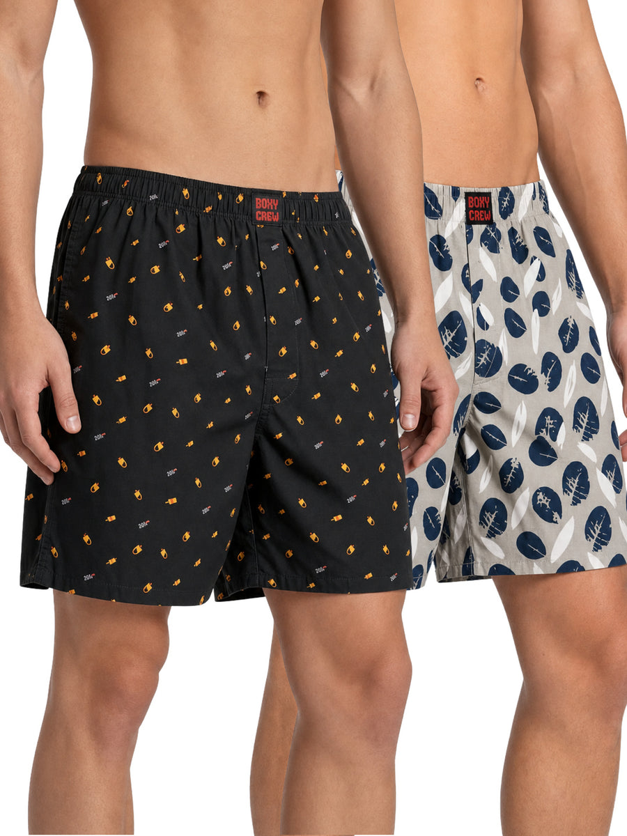 Boxy Crew Men's 100% Cotton Printed Boxer Shorts Pack of 2 with Dual Side Pockets and Fabric-Covered Waistband - Black/Cream, Styles MBX016, MBX021