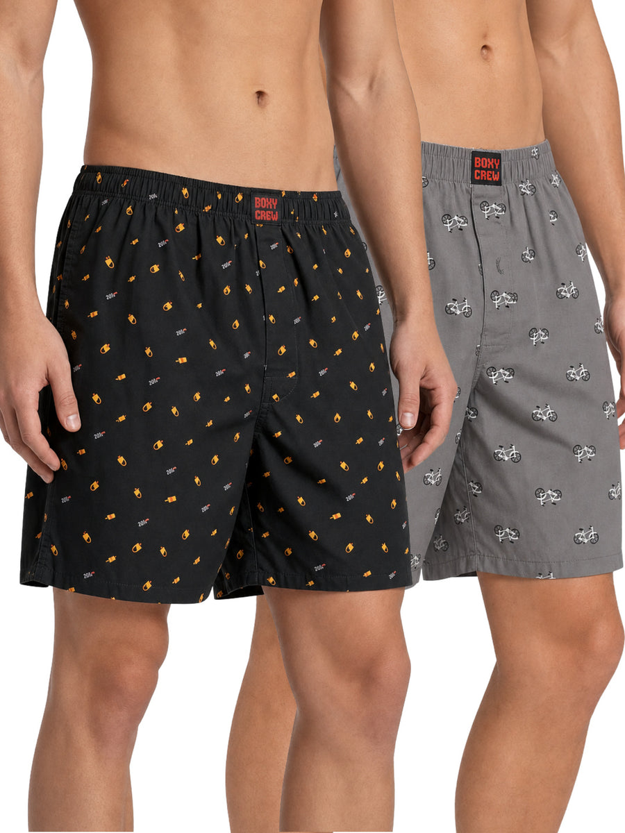 Boxy Crew Men's 100% Cotton Printed Boxer Shorts Pack of 2 with Dual Side Pockets and Fabric-Covered Waistband - Black/Grey, Styles MBX016, MBX022
