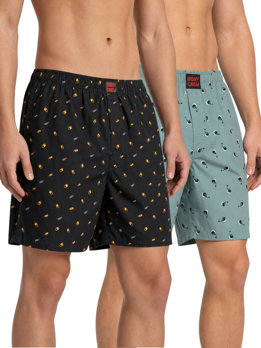 Boxy Crew Men's 100% Cotton Printed Boxer Shorts Pack of 2 with Dual Side Pockets and Fabric-Covered Waistband - Black/Green, Styles MBX016, MBX023