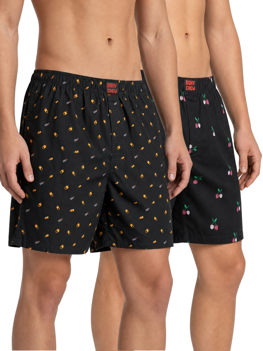 Boxy Crew Men's 100% Cotton Printed Boxer Shorts Pack of 2 with Dual Side Pockets and Fabric-Covered Waistband - Black/Black, Styles MBX016, MBX024
