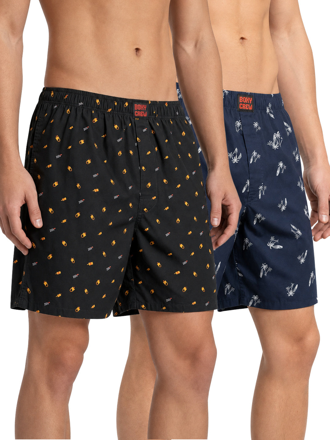 Boxy Crew Men's 100% Cotton Printed Boxer Shorts Pack of 2 with Dual Side Pockets and Fabric-Covered Waistband - Black/Navy Blue, Styles MBX016, MBX025