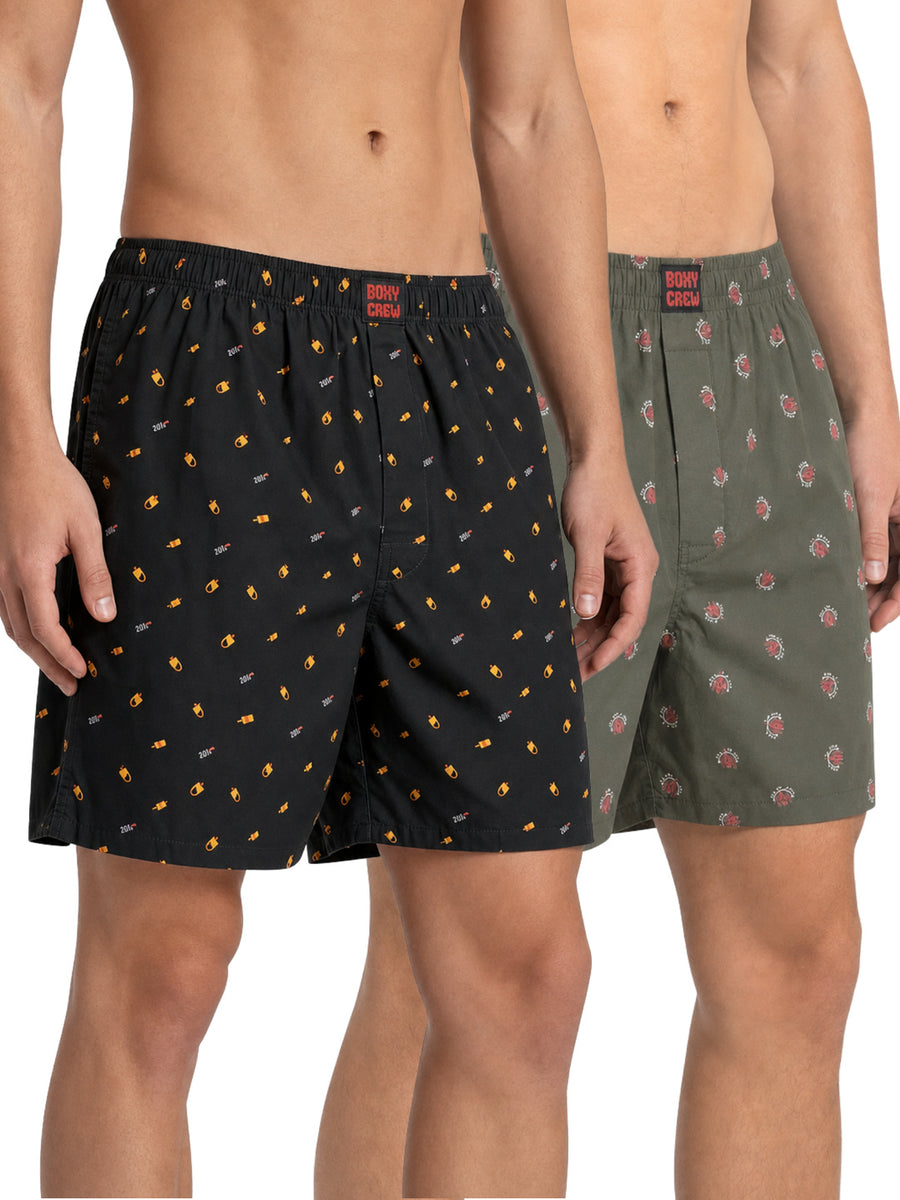 Boxy Crew Men's 100% Cotton Printed Boxer Shorts Pack of 2 with Dual Side Pockets and Fabric-Covered Waistband - Black/Olive, Styles MBX016, MBX026