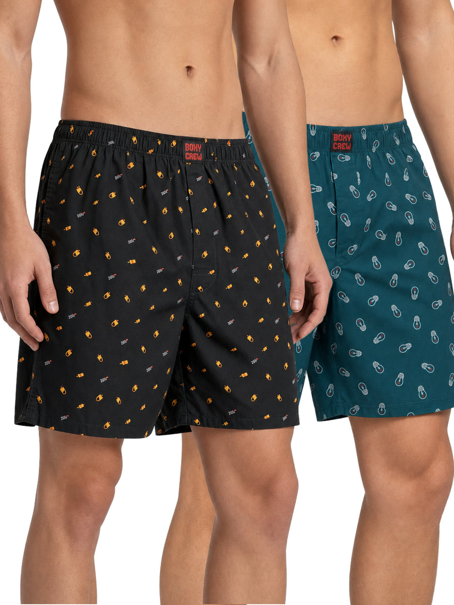 Boxy Crew Men's 100% Cotton Printed Boxer Shorts Pack of 2 with Dual Side Pockets and Fabric-Covered Waistband - Black/Teal, Styles MBX016, MBX027