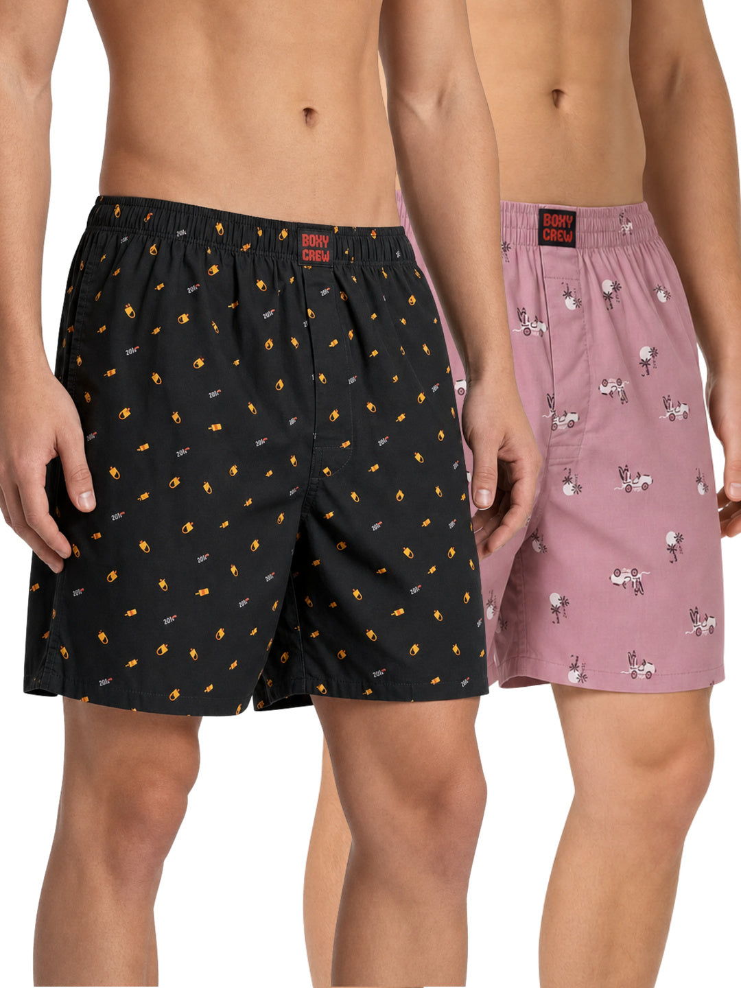 Boxy Crew Men's 100% Cotton Printed Boxer Shorts Pack of 2 with Dual Side Pockets and Fabric-Covered Waistband - Black/Pink, Styles MBX016, MBX028