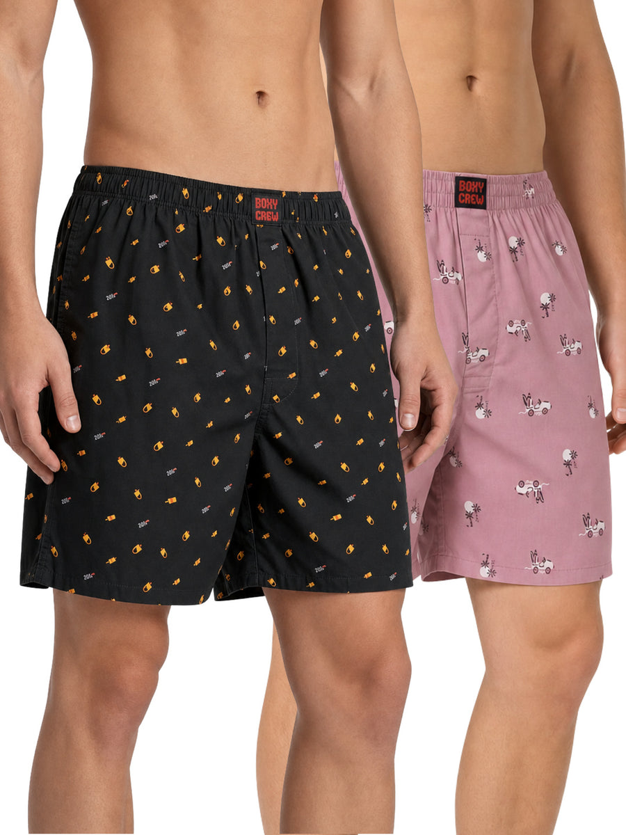 Boxy Crew Men's 100% Cotton Printed Boxer Shorts Pack of 2 with Dual Side Pockets and Fabric-Covered Waistband - Black/Pink, Styles MBX016, MBX028