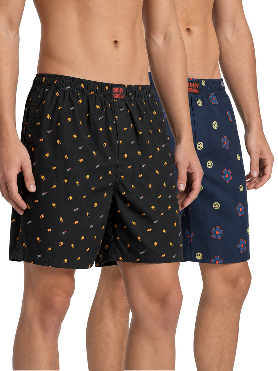 Boxy Crew Men's 100% Cotton Printed Boxer Shorts Pack of 2 with Dual Side Pockets and Fabric-Covered Waistband - Black/Navy Blue, Styles MBX016, MBX029