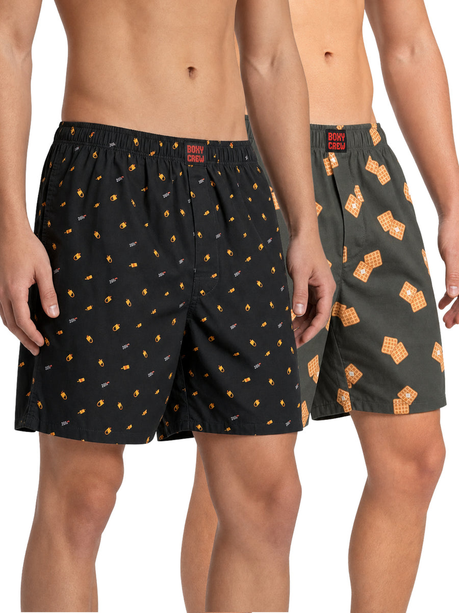 Boxy Crew Men's 100% Cotton Printed Boxer Shorts Pack of 2 with Dual Side Pockets and Fabric-Covered Waistband - Black/Brown, Styles MBX016, MBX030