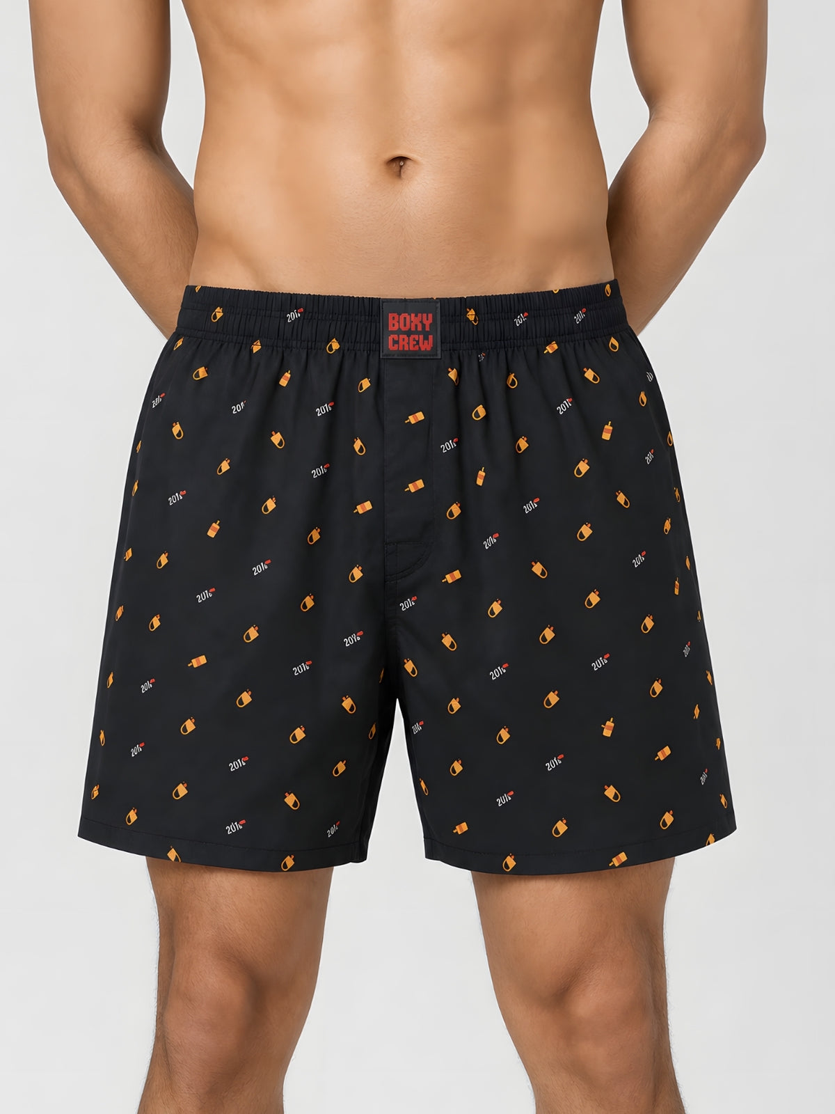 Boxy Crew Men Printed 100% Cotton Boxer Shorts with Dual Pockets - Black – product image 1