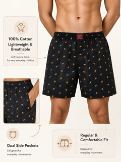 Boxy Crew Men Printed 100% Cotton Boxer Shorts with Dual Pockets - Black – product image 2