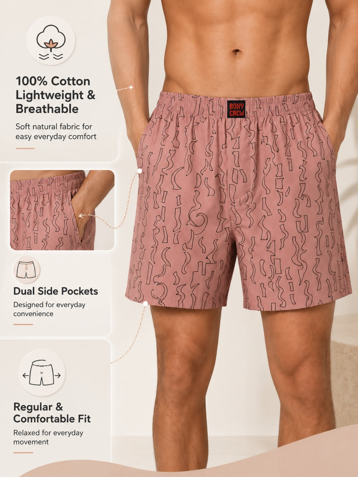 Boxy Crew Men Printed 100% Cotton Boxer Shorts with Dual Pockets - Brick – product image 2