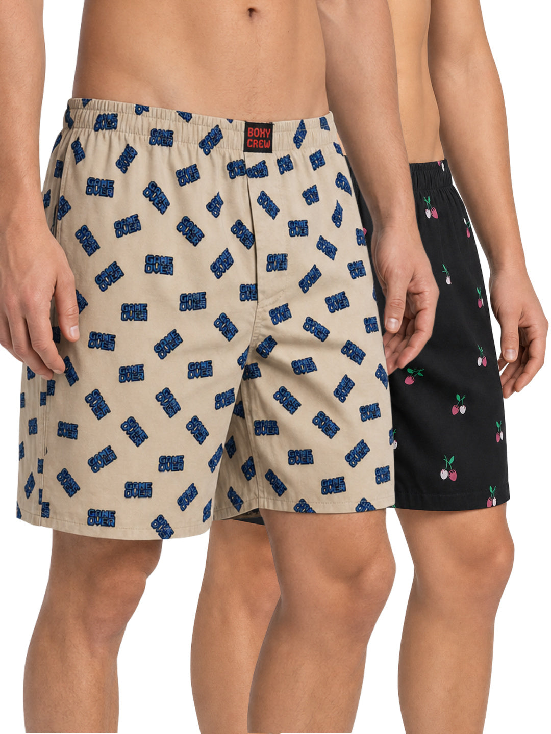 Boxy Crew Men's 100% Cotton Printed Boxer Shorts Pack of 2 with Dual Side Pockets and Fabric-Covered Waistband - Beige/Black, Styles MBX019, MBX024