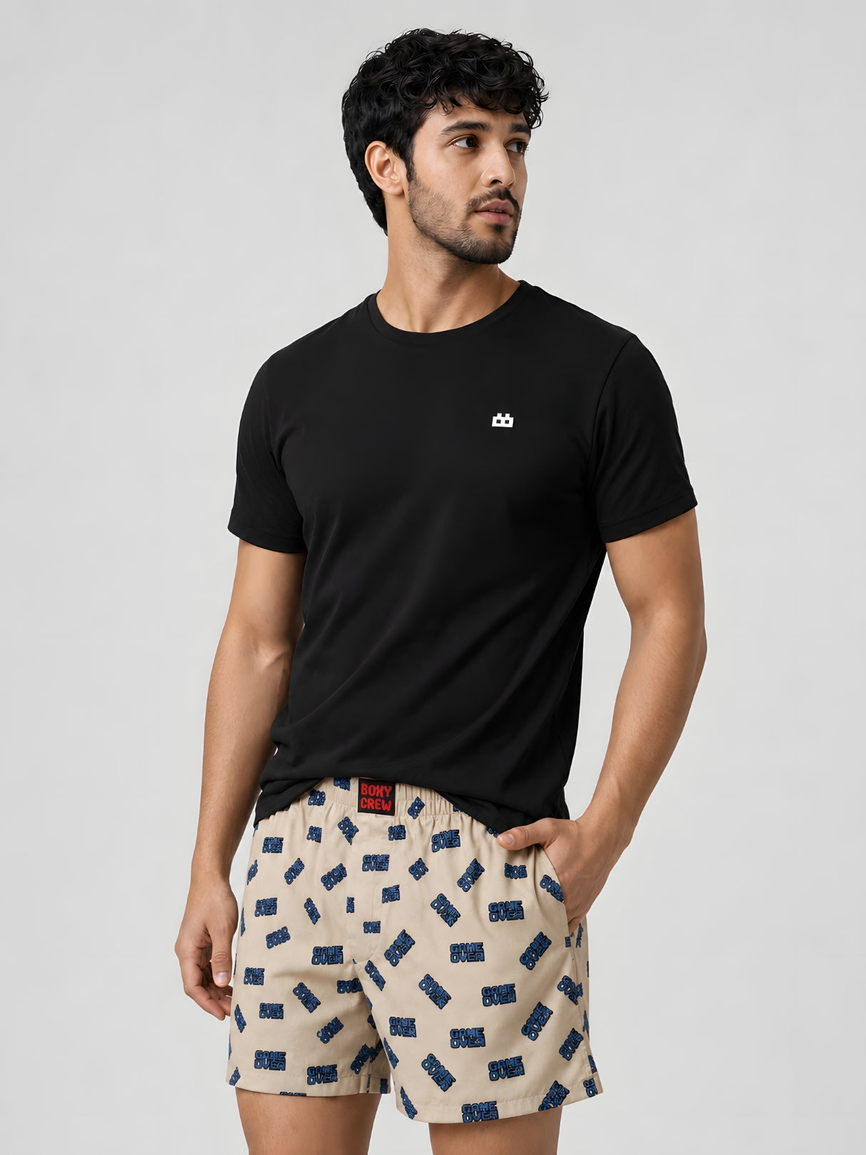 Boxy Crew Men Printed 100% Cotton Boxer Shorts with Dual Pockets - Beige – product image 5
