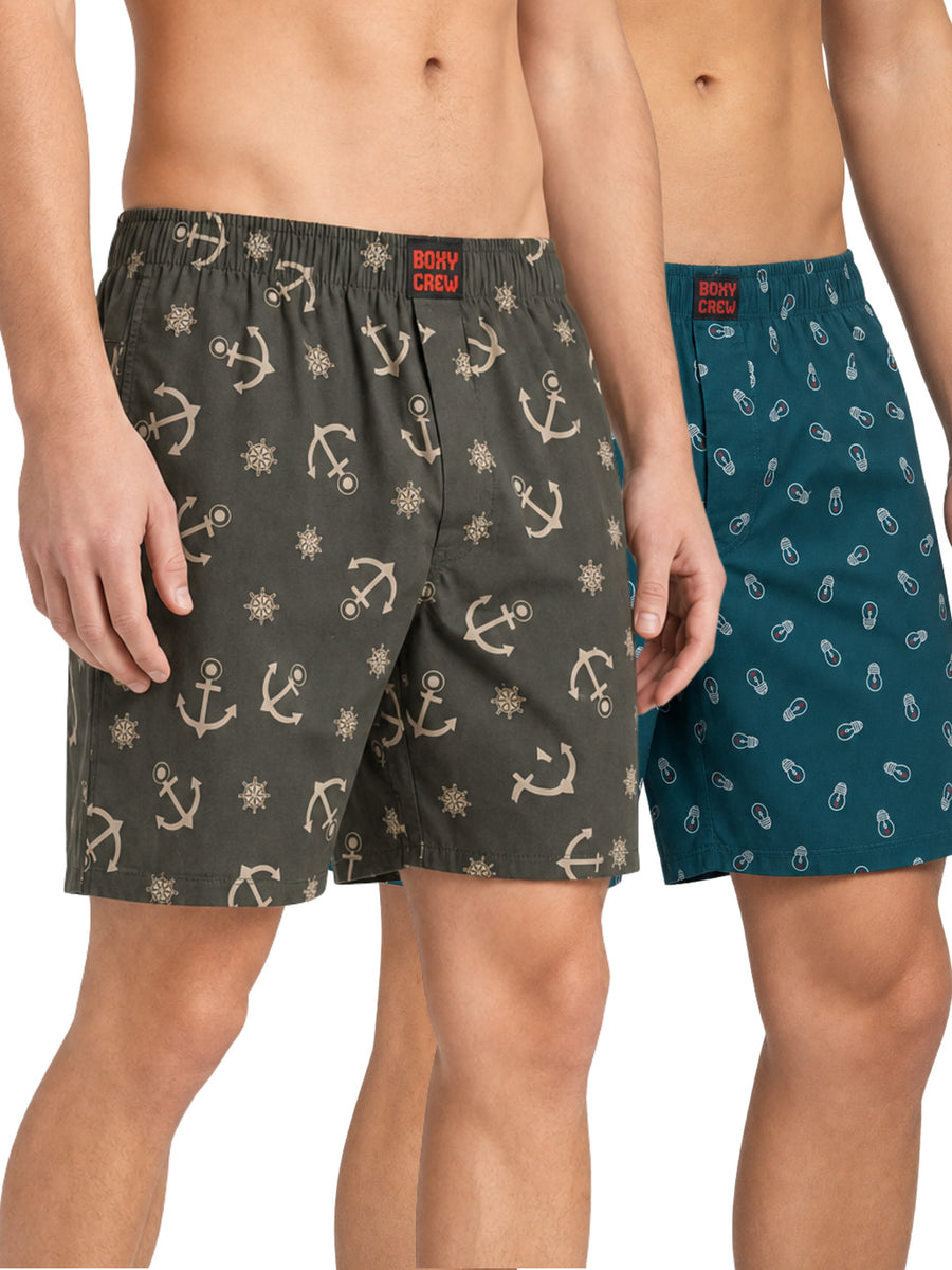Boxy Crew Men's 100% Cotton Printed Boxer Shorts Pack of 2 with Dual Side Pockets and Fabric-Covered Waistband - Olive/Teal, Styles MBX020, MBX027