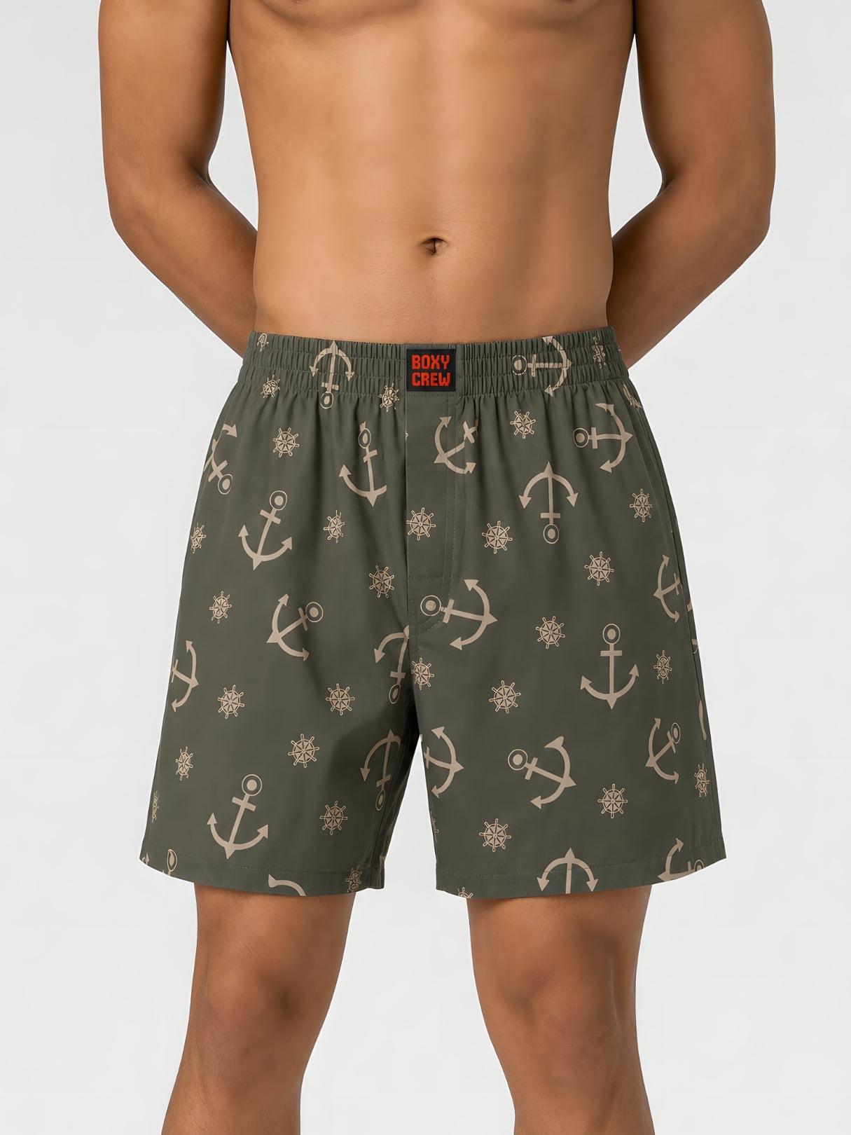 Boxy Crew Men Printed 100% Cotton Boxer Shorts with Dual Pockets - Olive – product image 1