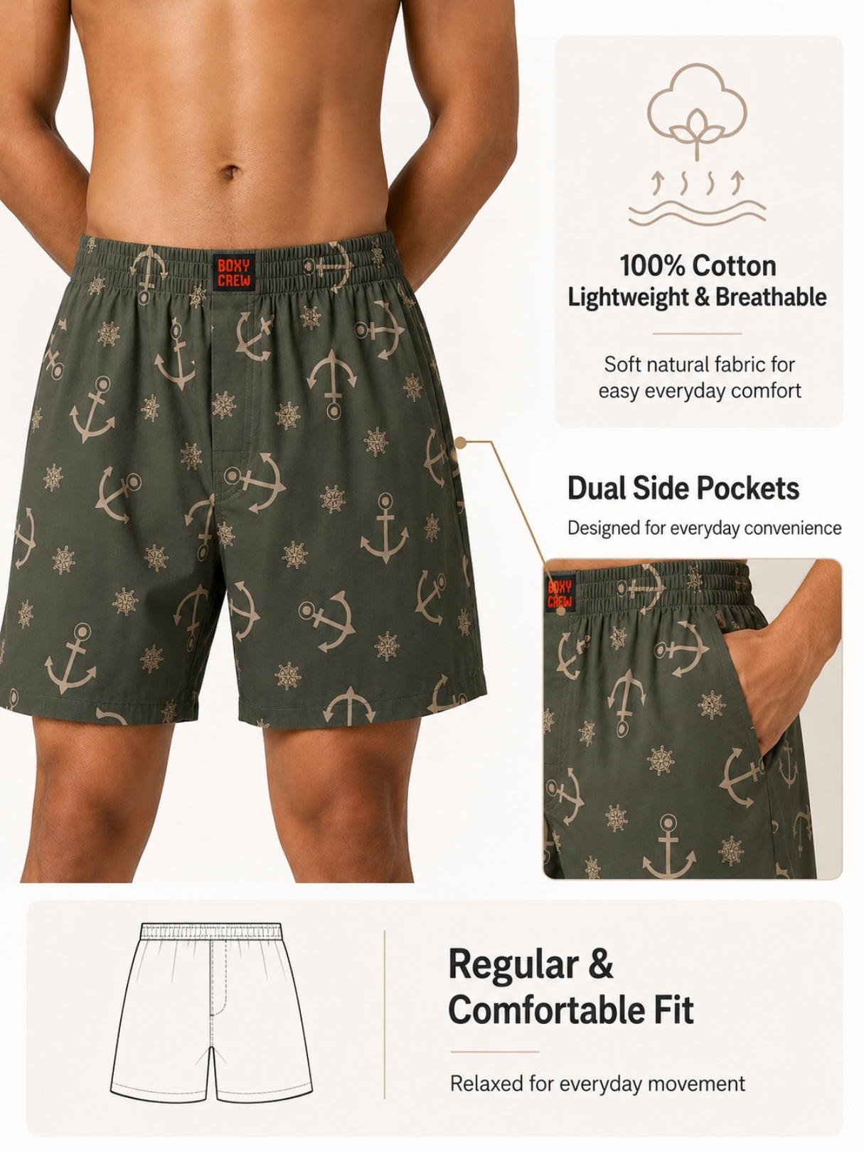 Boxy Crew Men Printed 100% Cotton Boxer Shorts with Dual Pockets - Olive – product image 2