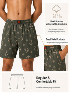 Boxy Crew Men Printed 100% Cotton Boxer Shorts with Dual Pockets - Olive – product image 2