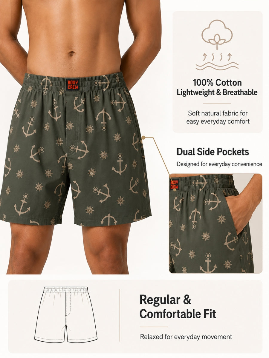 Boxy Crew Men Printed 100% Cotton Boxer Shorts with Dual Pockets - Olive – product image 2