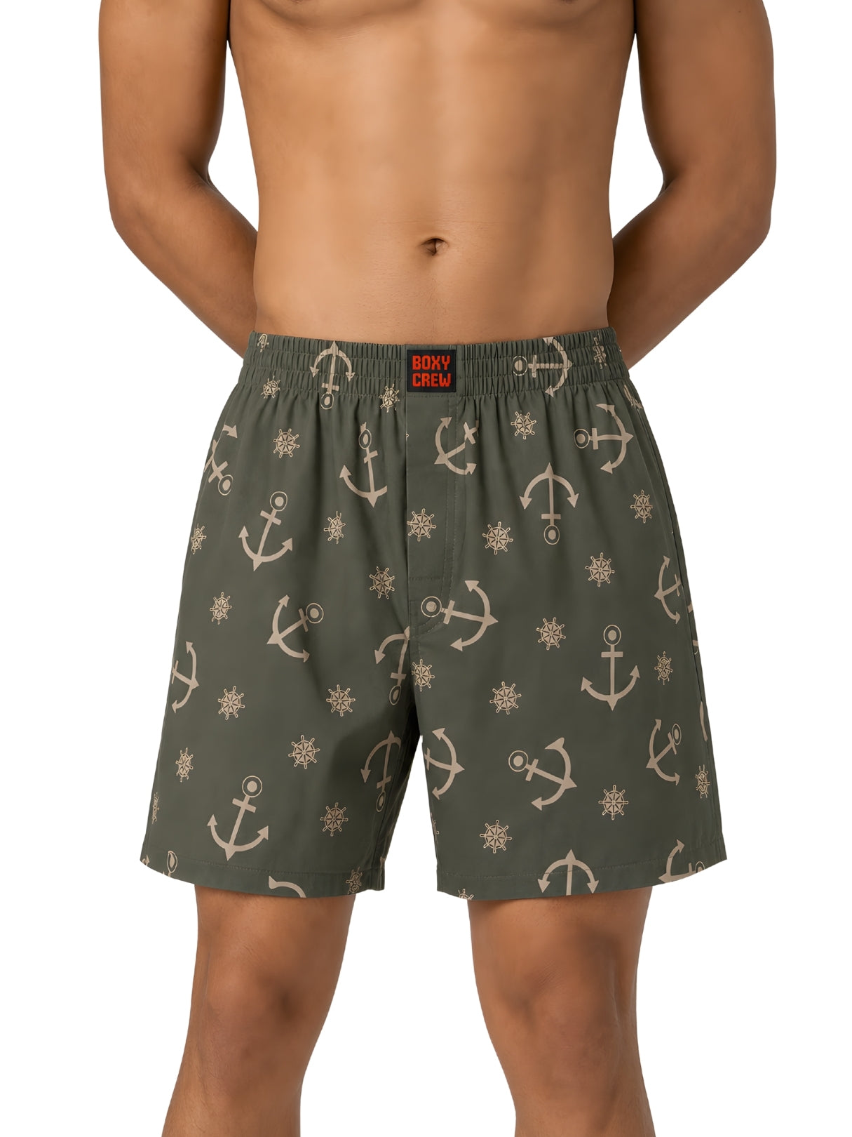 Boxy Crew Men Printed 100% Cotton Boxer Shorts with Dual Pockets - Olive – product image 7