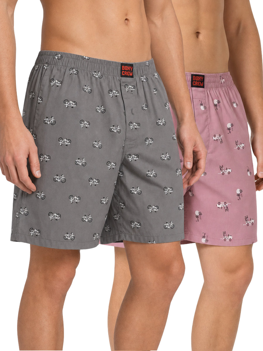 Boxy Crew Men's 100% Cotton Printed Boxer Shorts Pack of 2 with Dual Side Pockets and Fabric-Covered Waistband - Grey/Pink, Styles MBX022, MBX028