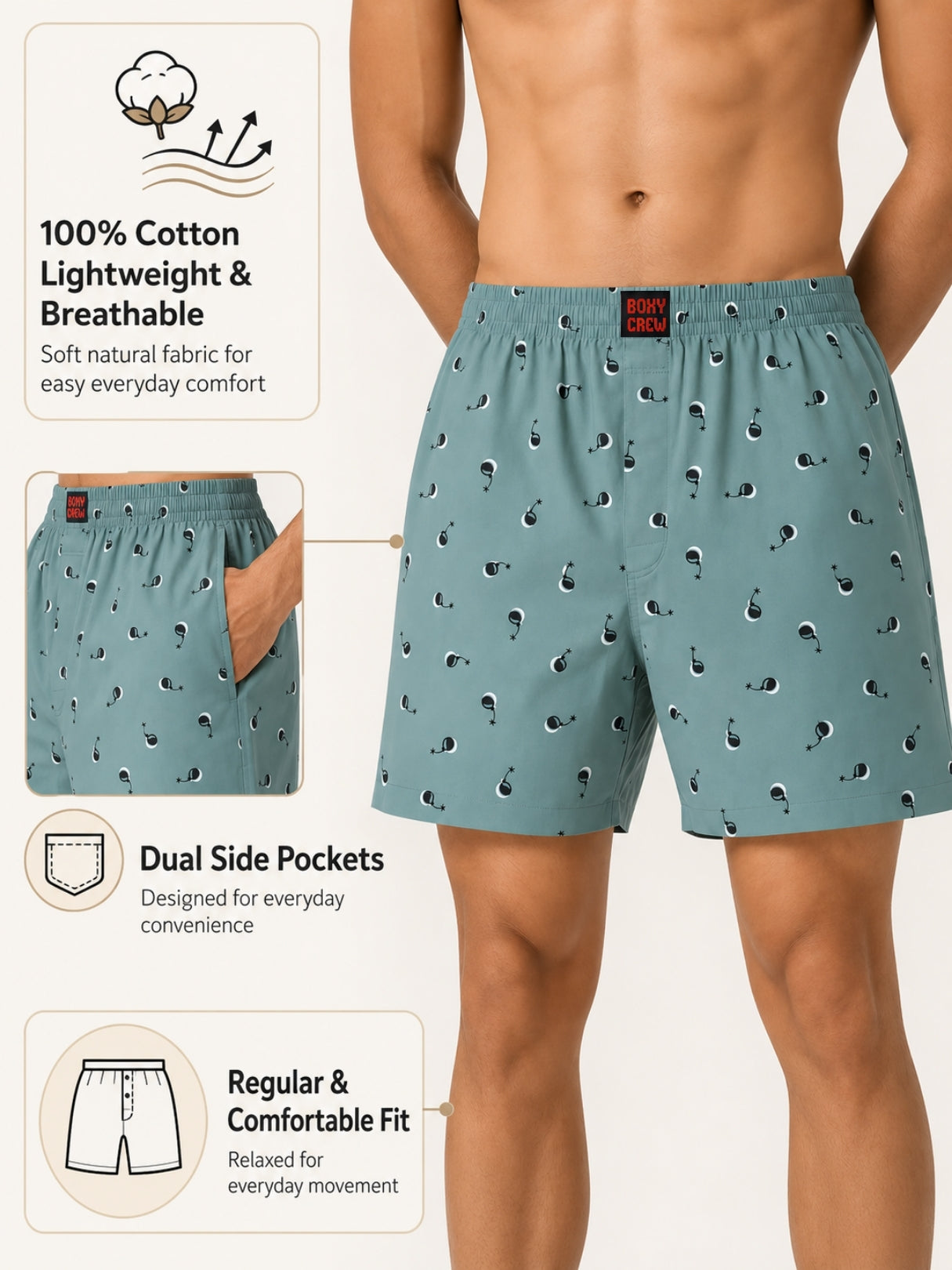 Boxy Crew Men Printed 100% Cotton Boxer Shorts with Dual Pockets - Green – product image 2