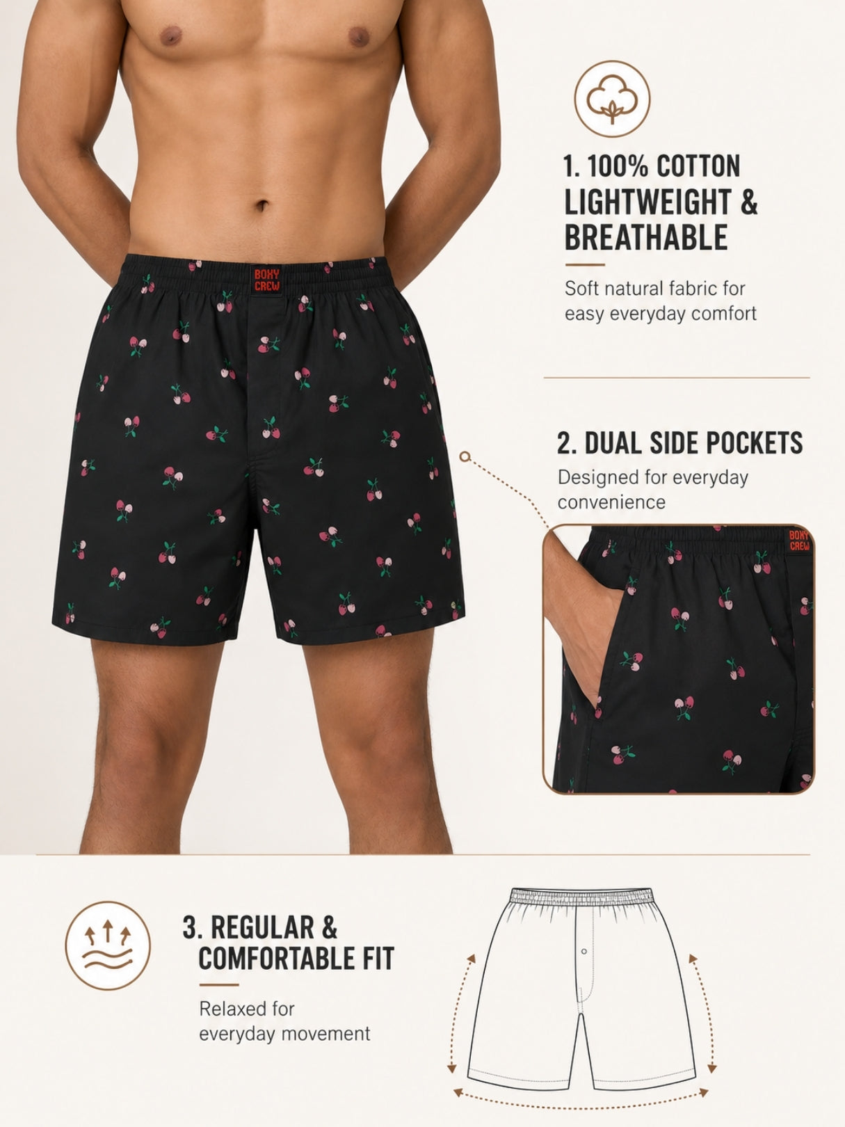Boxy Crew Men Printed 100% Cotton Boxer Shorts with Dual Pockets - Black – product image 2