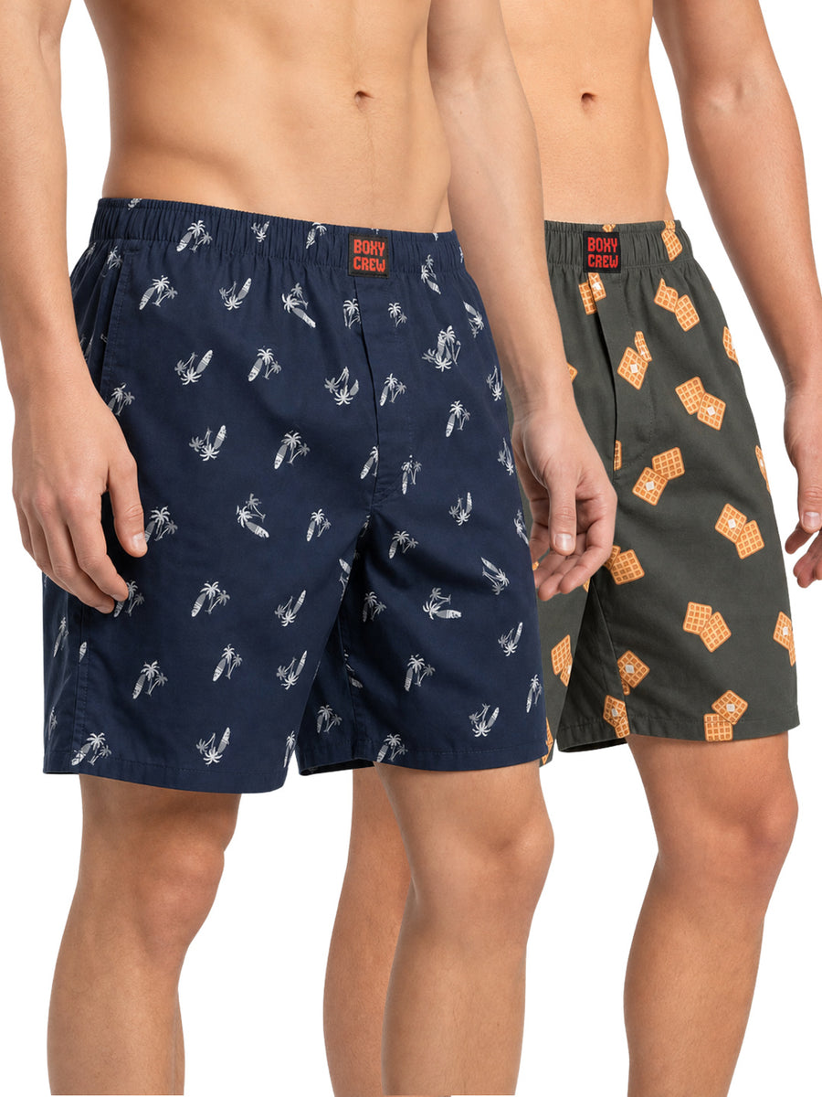 Boxy Crew Men's 100% Cotton Printed Boxer Shorts Pack of 2 with Dual Side Pockets and Fabric-Covered Waistband - Navy Blue/Brown, Styles MBX025, MBX030