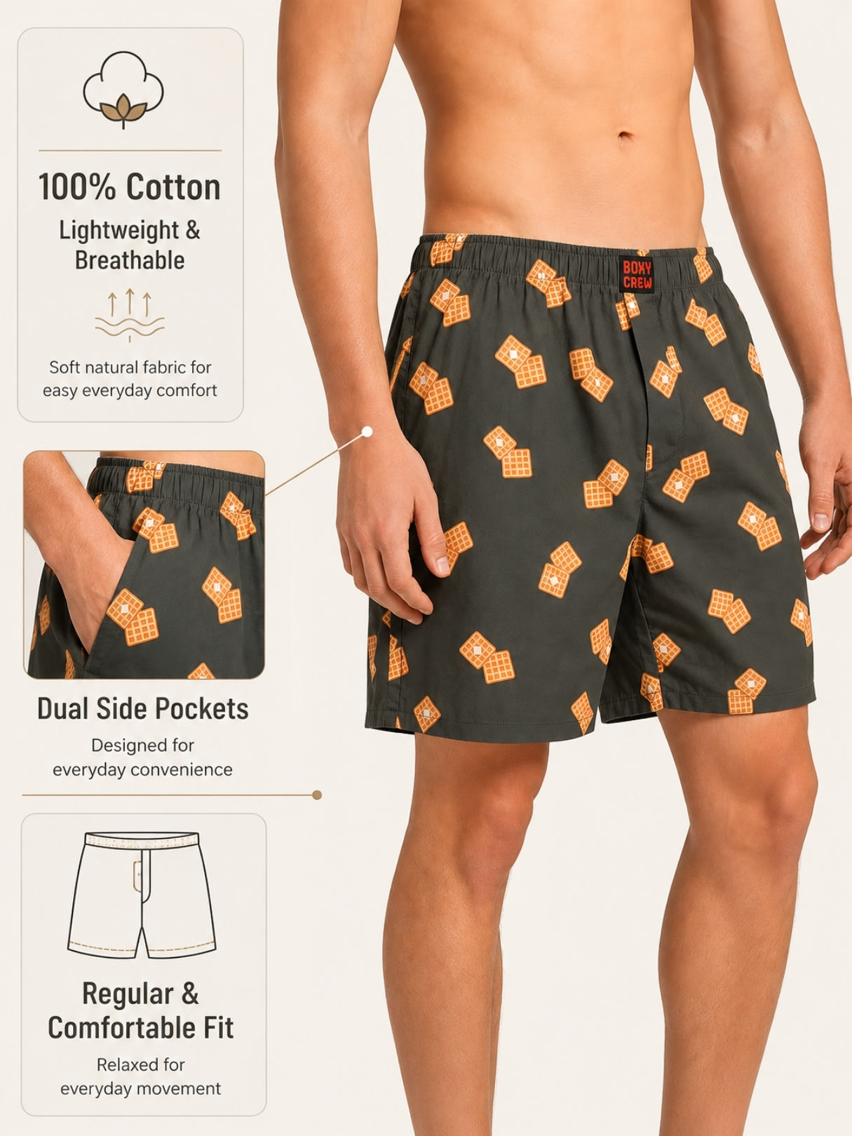 Boxy Crew Men Printed 100% Cotton Boxer Shorts with Dual Pockets - Brown – product image 2