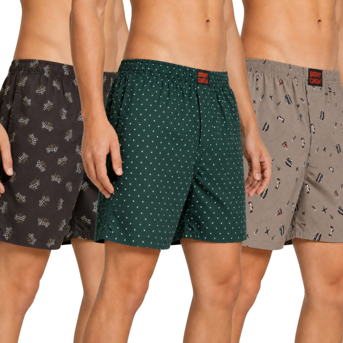 Boxy Crew Men's Printed 100% Cotton Boxer Shorts Pack of 3 | No-Mark Soft Elastic Waistband | Regular Comfort Fit with Dual Side Pockets & Button Fly | Brown/Green/Cream